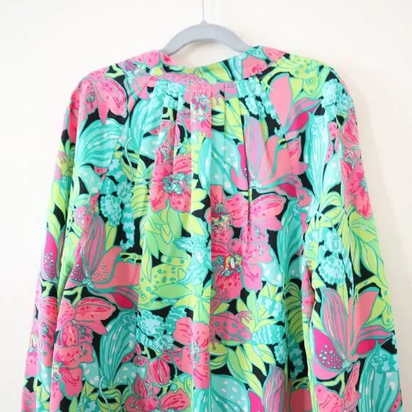 Lilly Pulitzer Size S 100% Silk Elsa Skip On It Top Blouse Frogs Floral - Picture 11 of 13